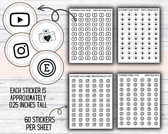 SOCIAL MEDIA Mini Icon Stickers, Youtube Stickers, Camera Stickers, Instagram Sticker, Etsy Stickers, Planner Stickers