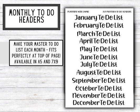 Monthly To Do Stickers, Monthly Header Stickers, To Do List Stickers, Master To Do List Stickers, Monthly Master To Do List Stickers