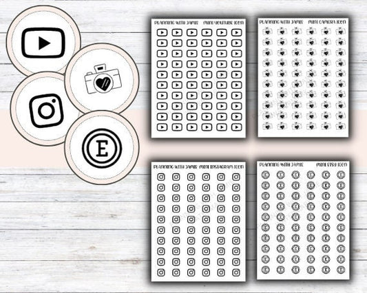 SOCIAL MEDIA Mini Icon Stickers, Youtube Stickers, Camera Stickers, Instagram Sticker, Etsy Stickers, Planner Stickers