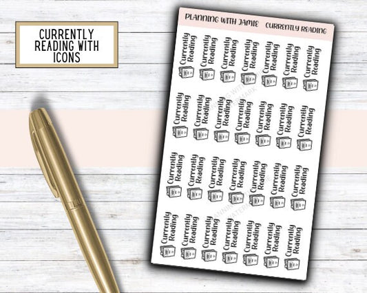 CURRENTLY READING With BOOK Icon Planner Sticker, Reading Script, Planner Stickers, Mom Planning Stickers, Currently Reading Planner Sticker