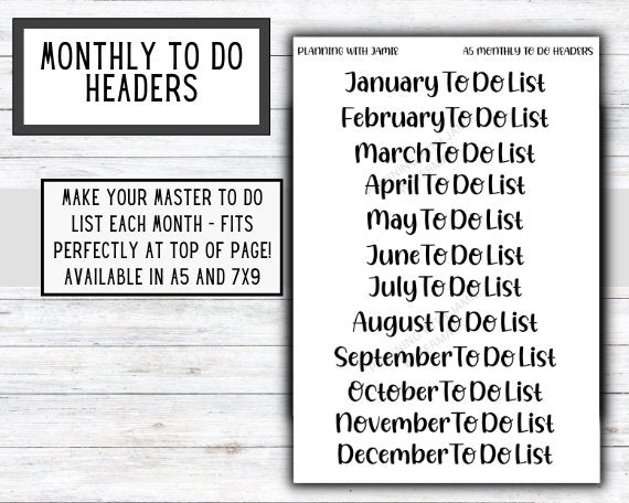 Monthly To Do Stickers, Monthly Header Stickers, To Do List Stickers, Master To Do List Stickers, Monthly Master To Do List Stickers