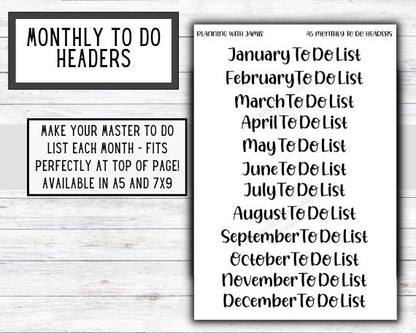 Monthly To Do Stickers, Monthly Header Stickers, To Do List Stickers, Master To Do List Stickers, Monthly Master To Do List Stickers