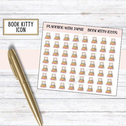 BOOK KITTY Icon STICKER, Reading Planner Stickers, Book Stickers, Reading Sticker, Book Icon