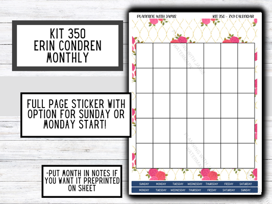 KIT 350 Erin Condren Perpetual Monthly Sticker Sheet || Full Page Monthly Calendar Sticker || Perpetual Calendar
