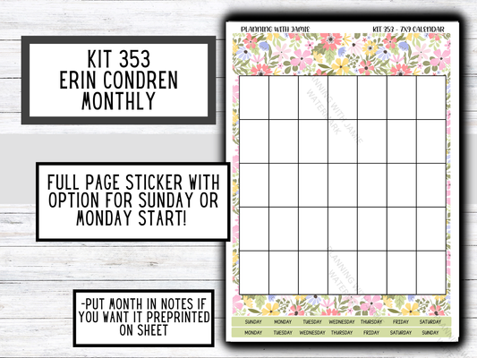 KIT 353 Erin Condren Perpetual Monthly Sticker Sheet || Full Page Monthly Calendar Sticker || Perpetual Calendar