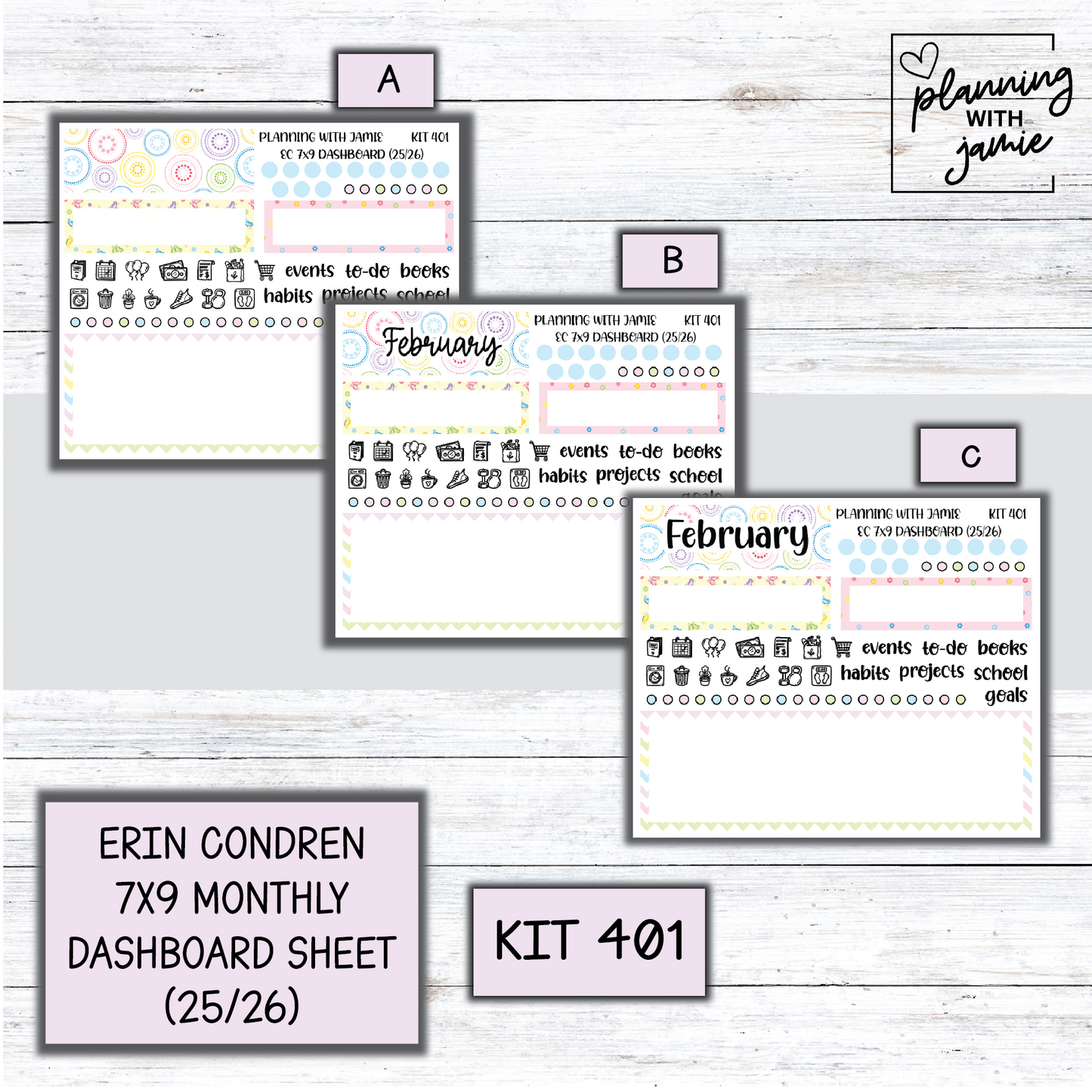 KIT 401 7X9 Erin Condren Monthly Dashboard Sticker Kit