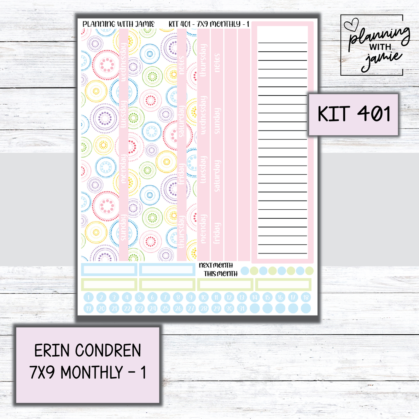 KIT 401 Erin Condren 7X9 OR A5 Monthly Kit