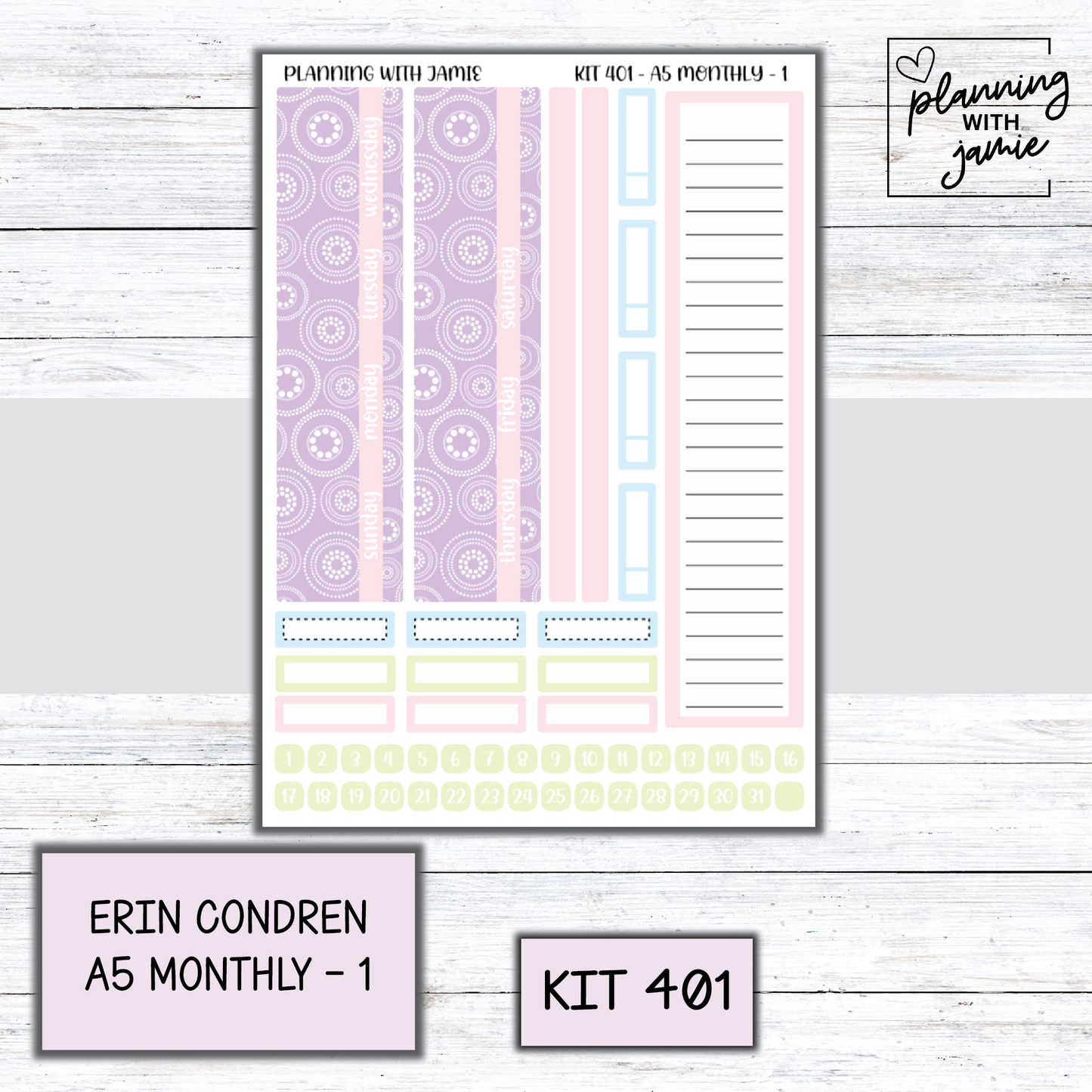 KIT 401 Erin Condren 7X9 OR A5 Monthly Kit