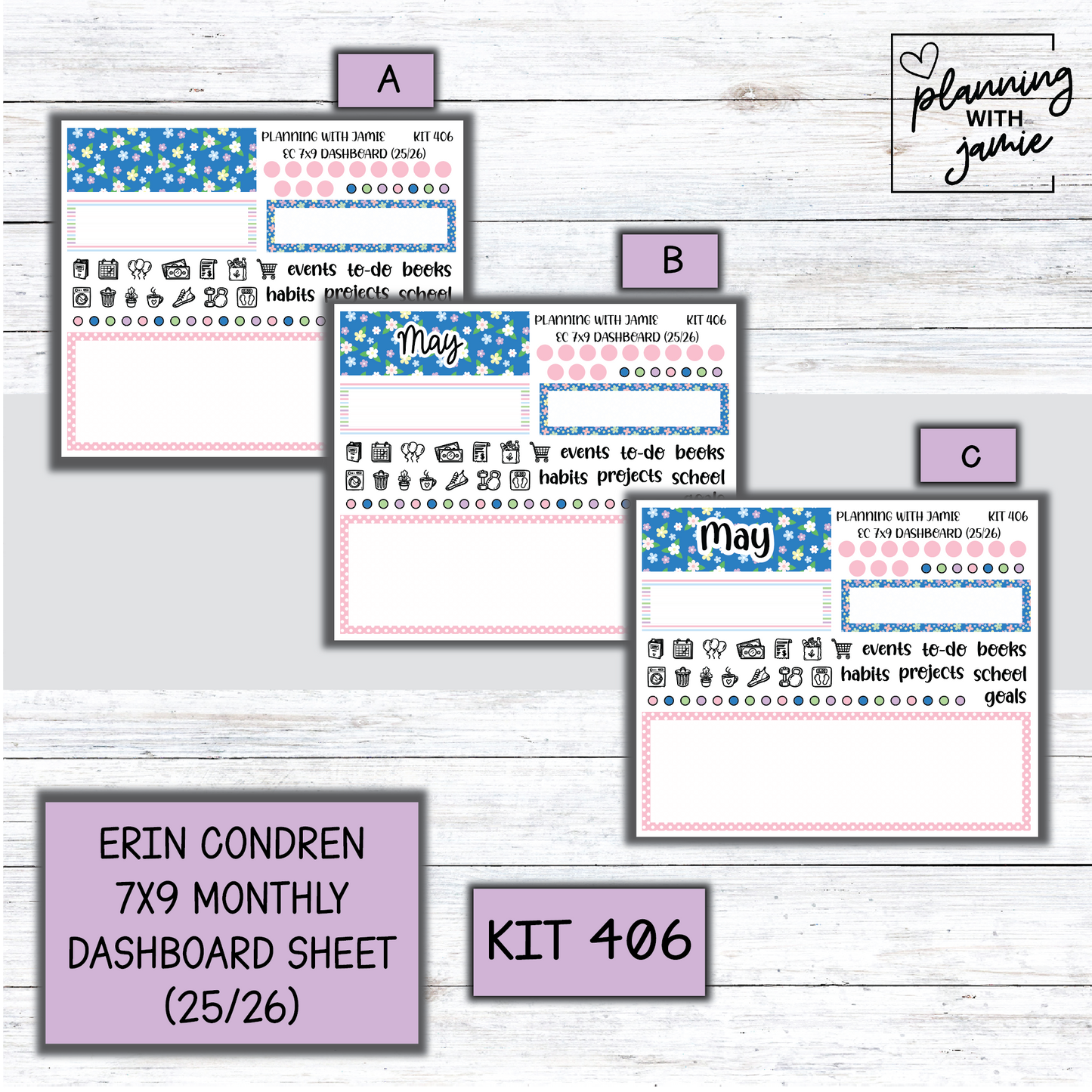 KIT 406 7X9 Erin Condren Monthly Dashboard Sticker Kit