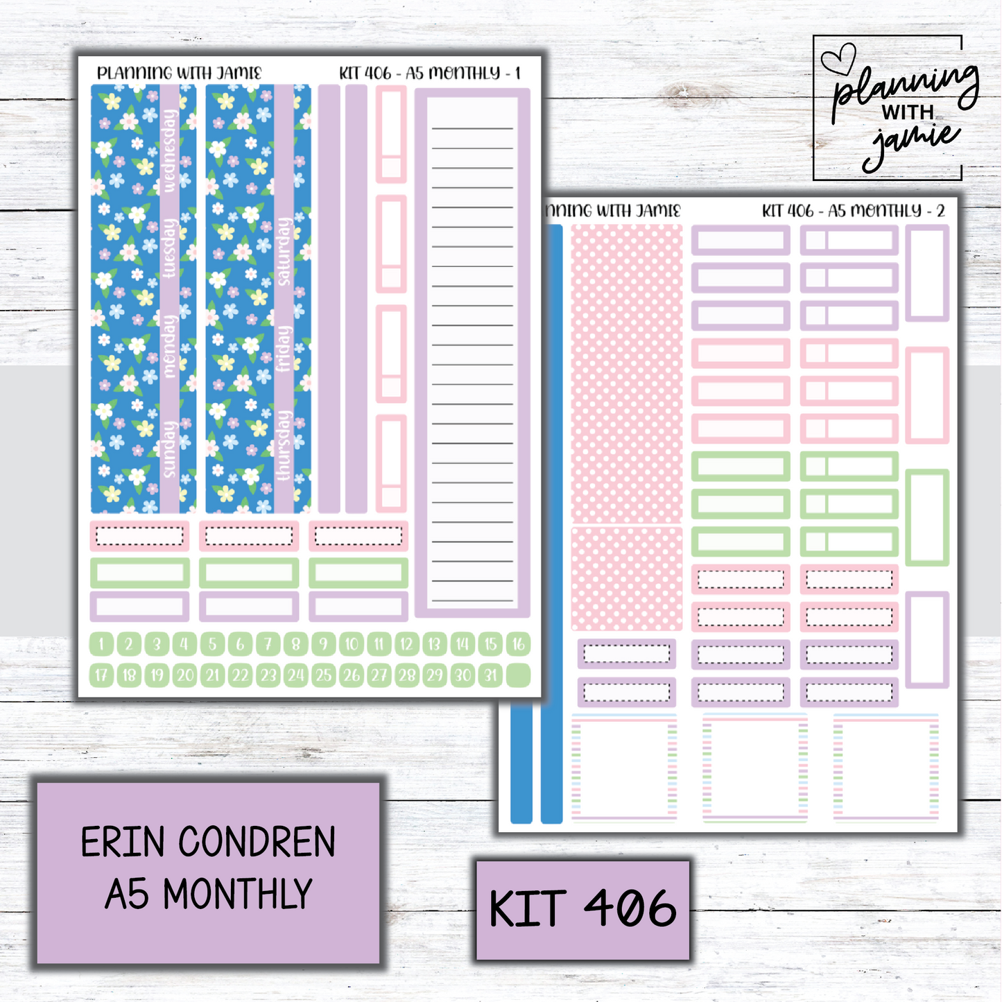 KIT 406 Erin Condren 7X9 OR A5 Monthly Kit