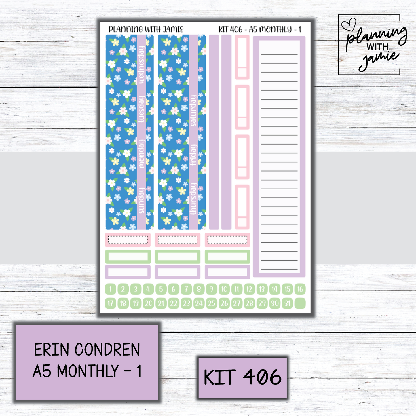 KIT 406 Erin Condren 7X9 OR A5 Monthly Kit
