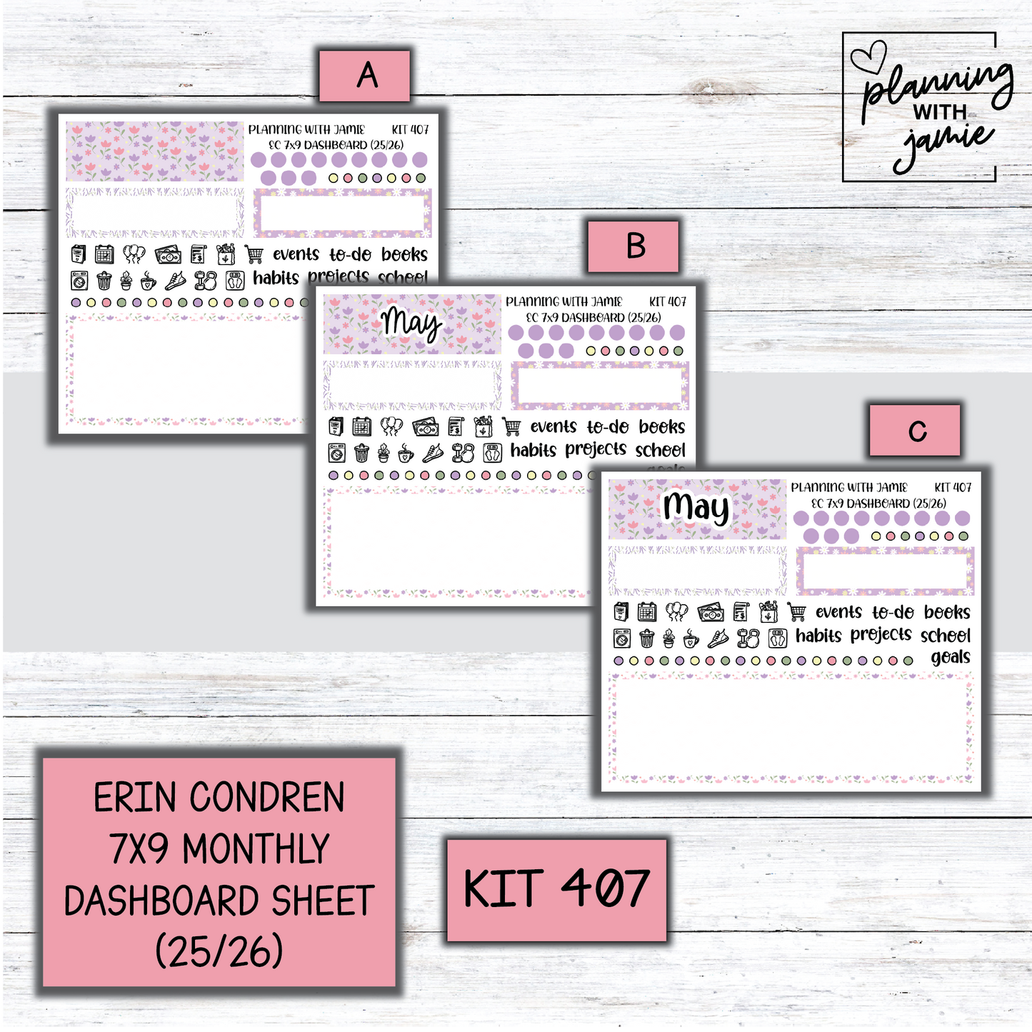KIT 407 7X9 Erin Condren Monthly Dashboard Sticker Kit