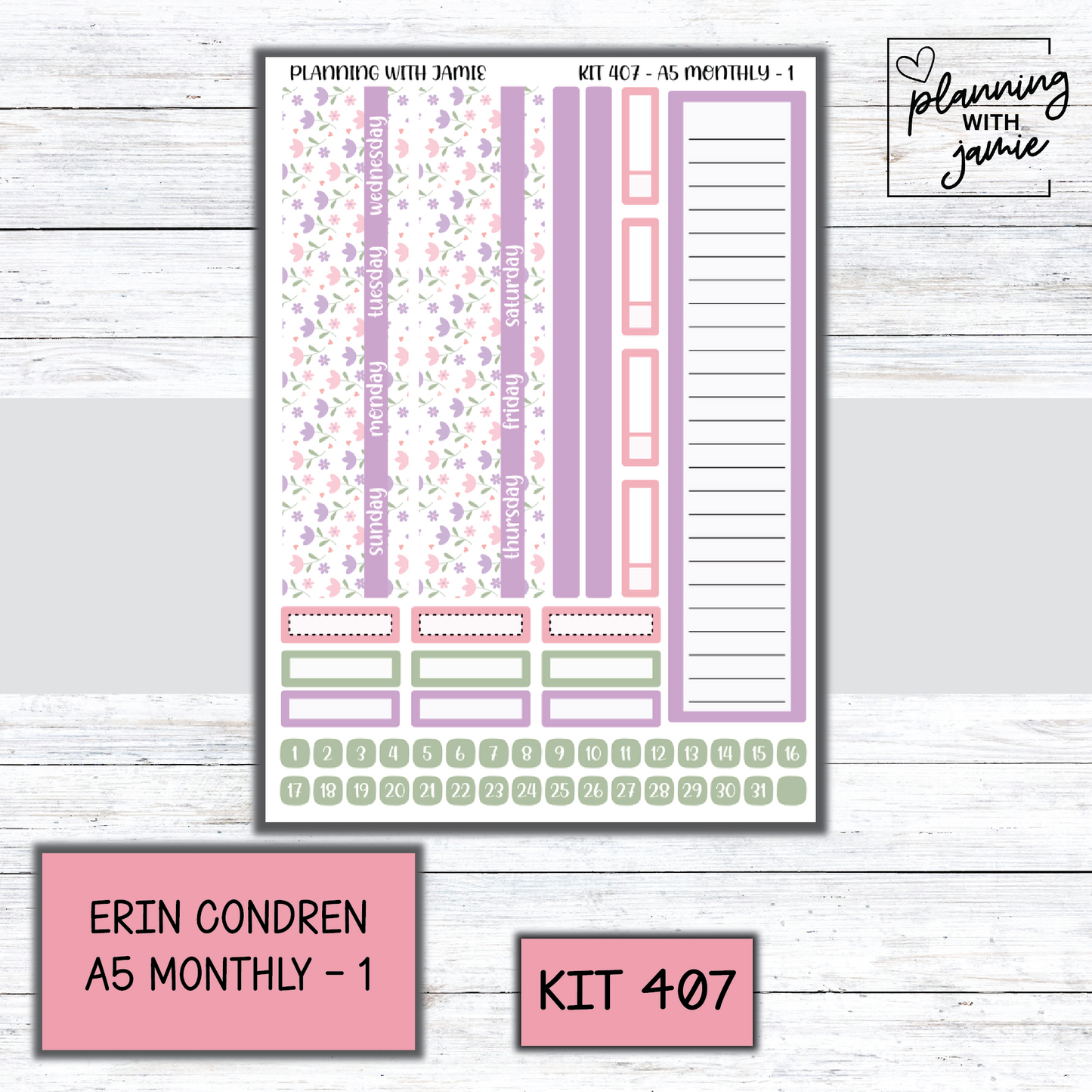 KIT 407 Erin Condren 7X9 OR A5 Monthly Kit