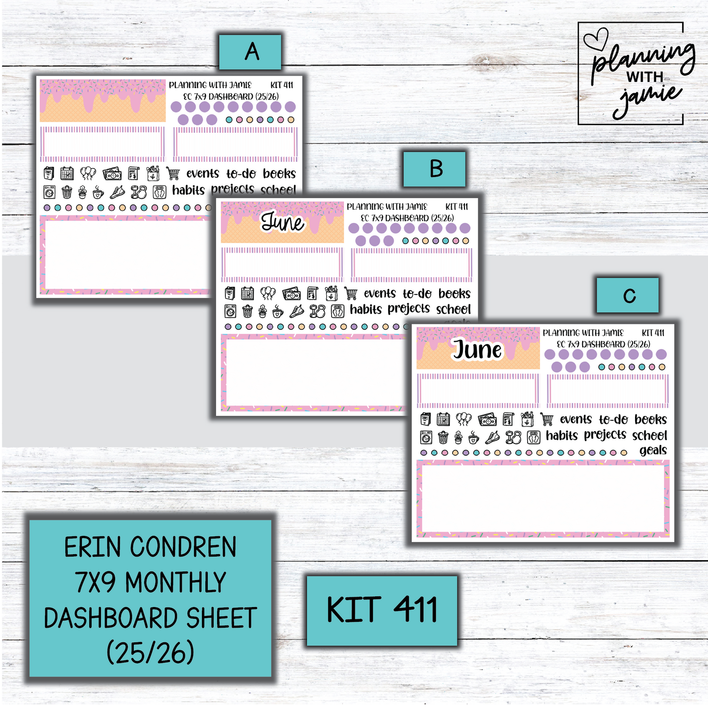 KIT 411 7X9 Erin Condren Monthly Dashboard Sticker Kit