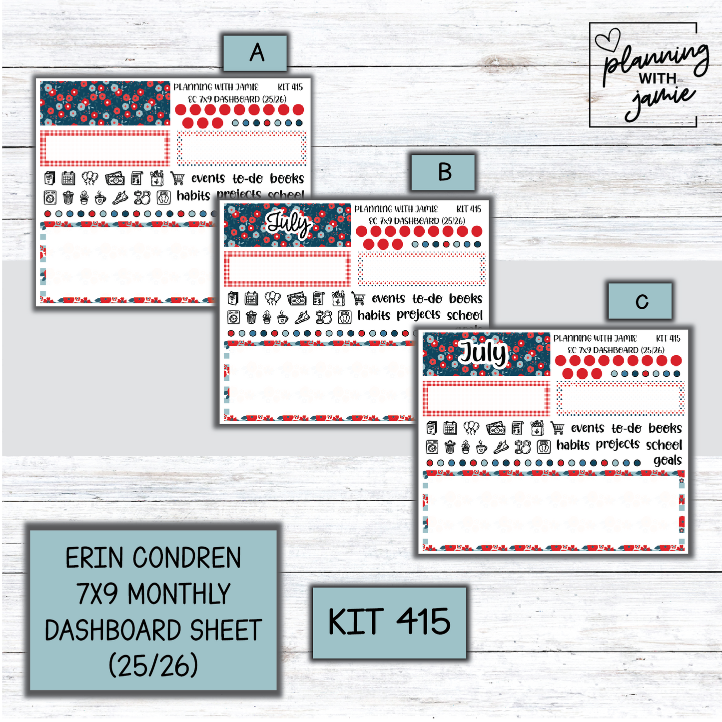 KIT 415 7X9 Erin Condren Monthly Dashboard Sticker Kit