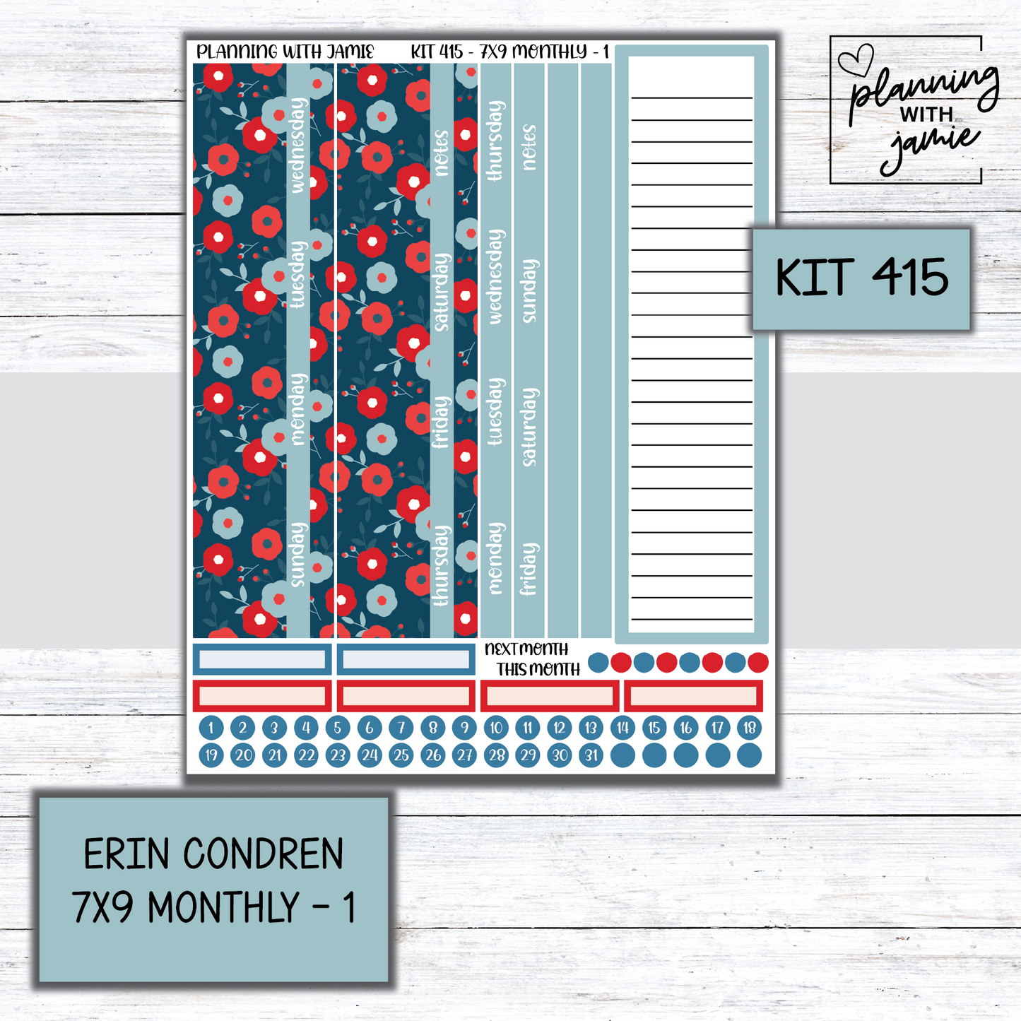 KIT 415 Erin Condren 7X9 OR A5 Monthly Kit
