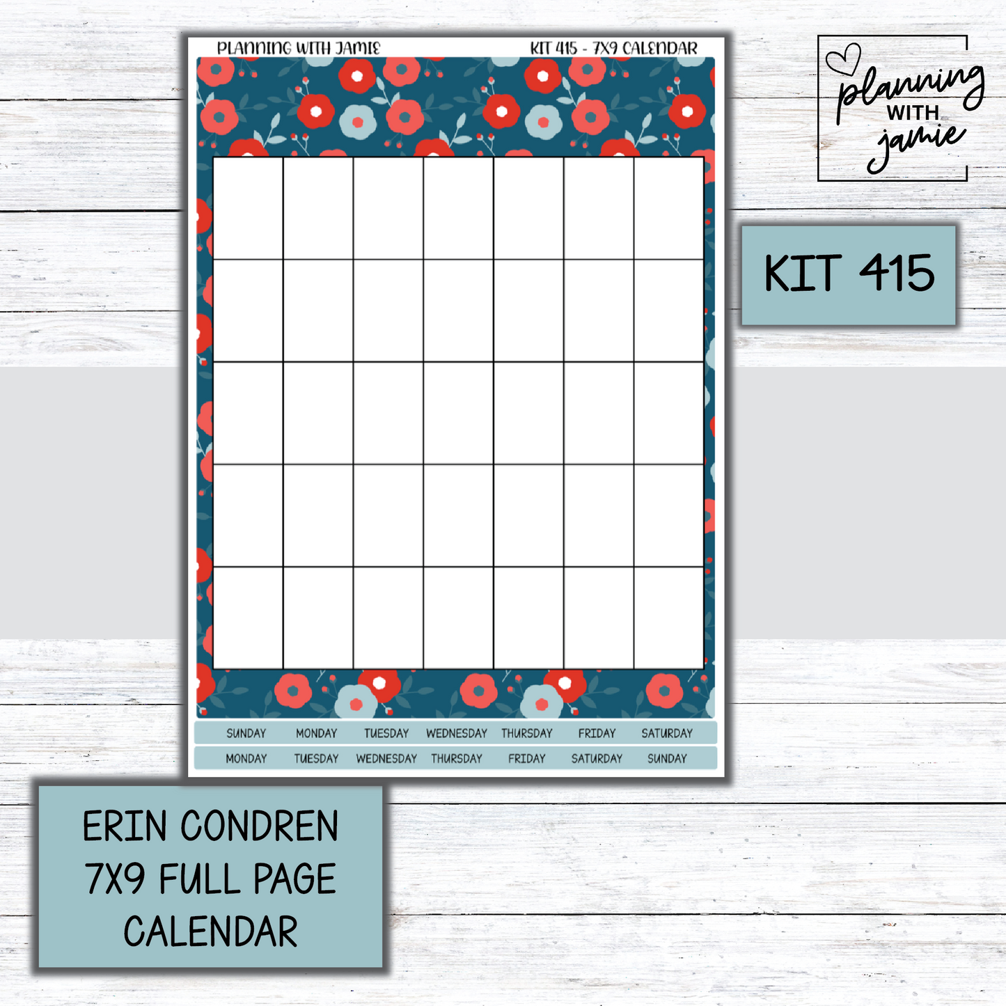 KIT 415 Erin Condren 7X9 Full Page Calendar