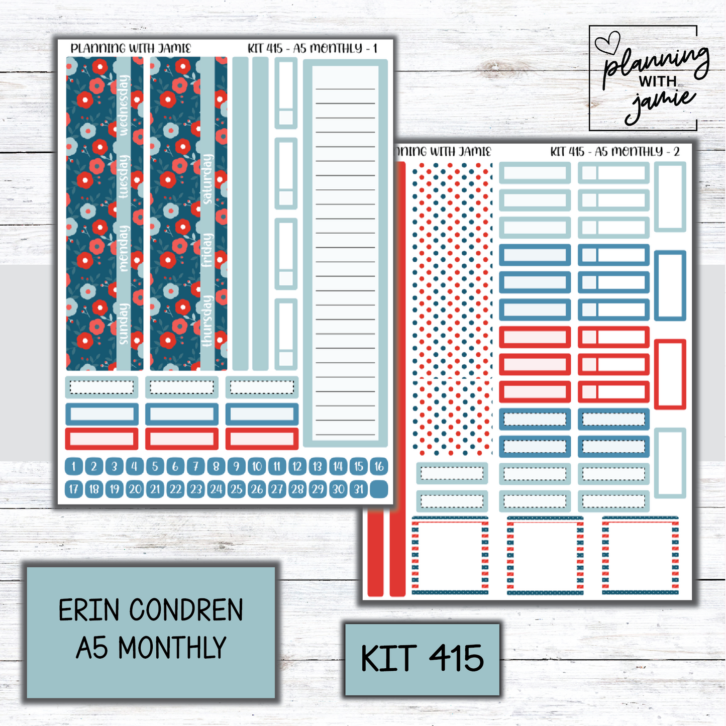 KIT 415 Erin Condren 7X9 OR A5 Monthly Kit