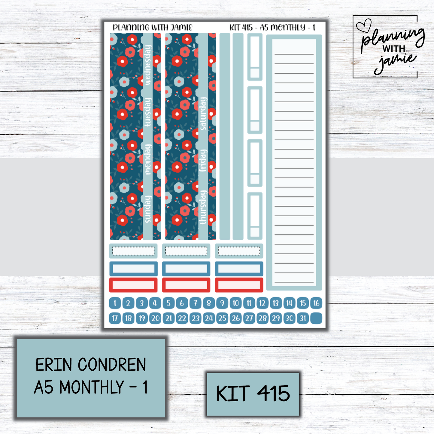 KIT 415 Erin Condren 7X9 OR A5 Monthly Kit