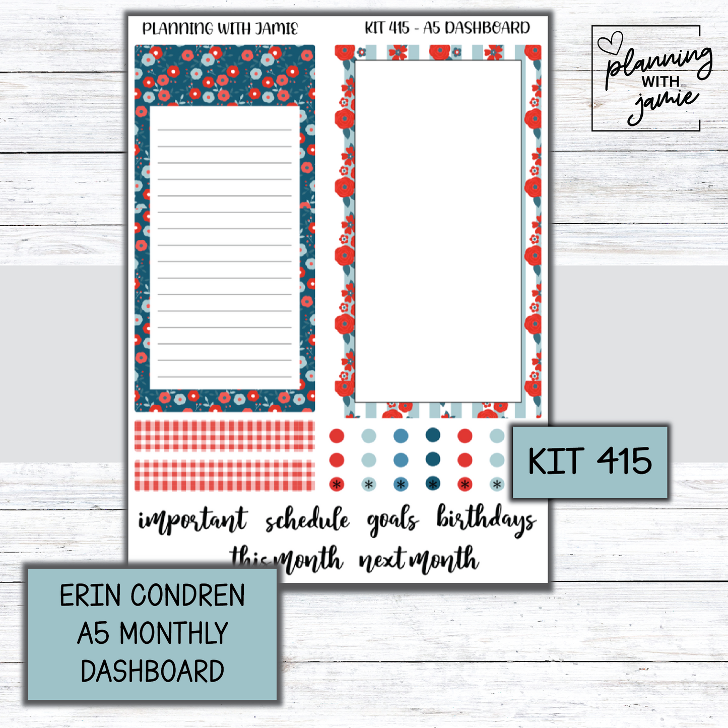 KIT 415 A5 Erin Condren Monthly Dashboard Sticker Kit