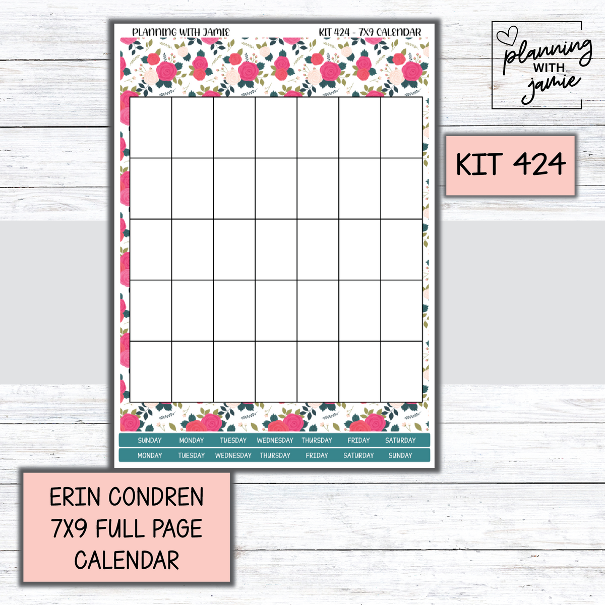KIT 424 Erin Condren 7X9 Full Page Calendar