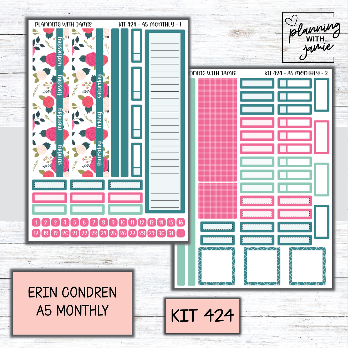 KIT 424 Erin Condren 7X9 OR A5 Monthly Kit