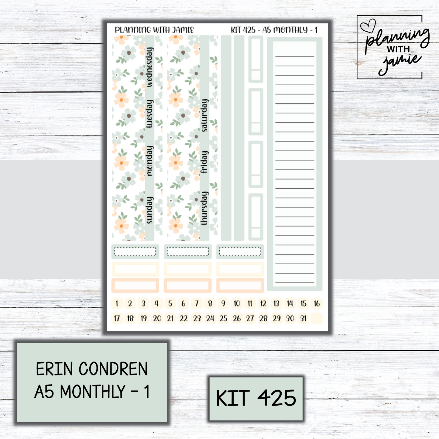 KIT 425 Erin Condren 7X9 OR A5 Monthly Kit