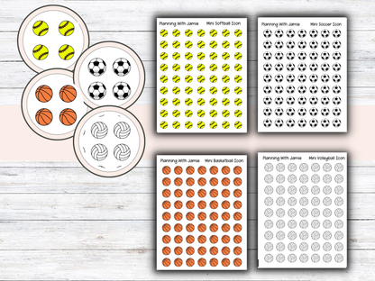 SPORTS ICON STICKERS - SOFTBALL, SOCCER, VOLLEYBALL, BASKETBALL ICONS