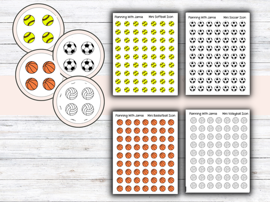 SPORTS ICON STICKERS - SOFTBALL, SOCCER, VOLLEYBALL, BASKETBALL ICONS