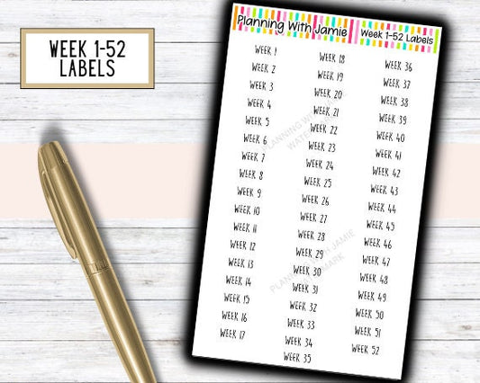 Week 1-52 Script Stickers, Weekly Label Stickers, Planner Stickers, Mom Planning Stickers, Weeks of the Year Stickers